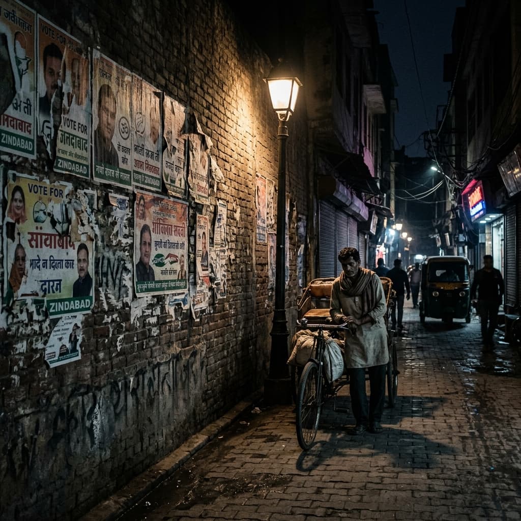 Delhi street at night with political posters